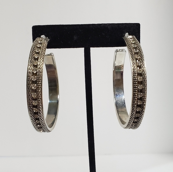 Silvertone large mesh and rhinestones inlay hoop bangle earrings 2" - Picture 3 of 10